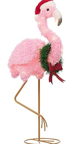 Одмор дома 32 инчи осветлен тропски розов фламинго со декорација на скулптури со санта шапка пред -осветлена дисплеј на отворено Божиќно