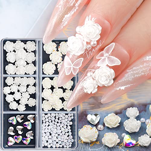 Валентинс бела роза цветна привлечност 3Д цветни нокти уметнички шарми декорација аб кристално срце нокти ригистони искријте