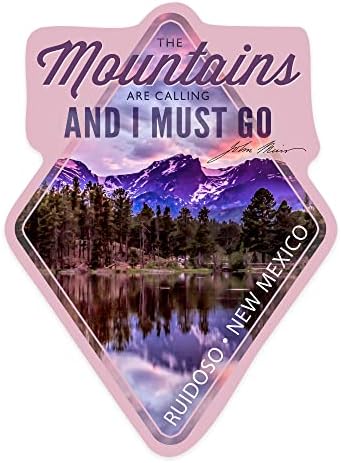 Die Cut налепница Ruidoso, New Mexico, планините се јавуваат, Johnон Муир цитат, зајдисонце и езеро, налепница за винил од контура