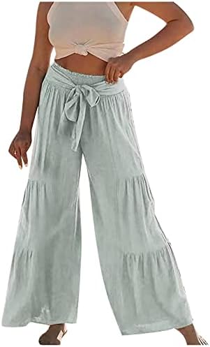 Озммјан широки панталони за нозе за жени обични високи половини еластични ленти за влечење на половината, цврста боја на панталони со долги