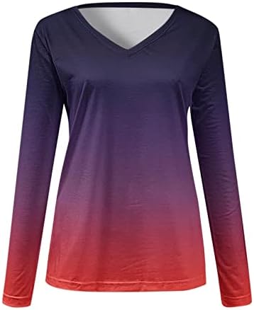 Womenените блузи градиент опуштени фит блузи со долг ракав vneck есен летни блузи 2023 облека мода УГ
