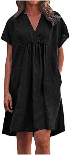 Contенски памук и постелнина V-врат лабава кратка ракав цврст мини фустан v вратот цврста кратка ракав sundress плус големина