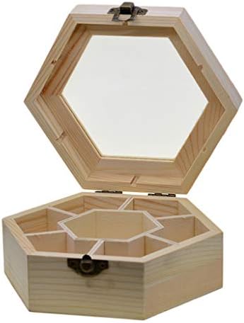 Шипт природна обична дрвена накит занаетчиска кутија за складирање со стаклен капак и заклучување на кутијата за собирање на градите во форма на шестоаголник во ф?