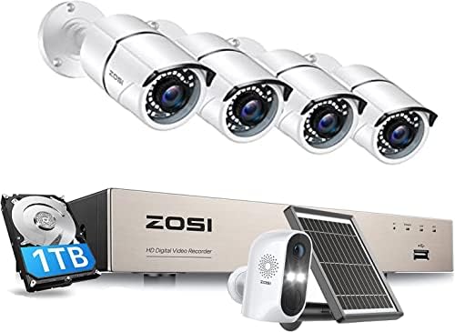 Систем за безбедносна камера за домашна безбедност на Зоси со аудио, 5MP Lite 8 канал H.265+ CCTV DVR со 1TB HDD, 4PCS 1920TVL камери и C1 безжична