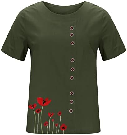Womenените врвови летни цветни печати кратки ракави маици постелнини плус големина на копче за случајот блуза пуловер маички кошули туники