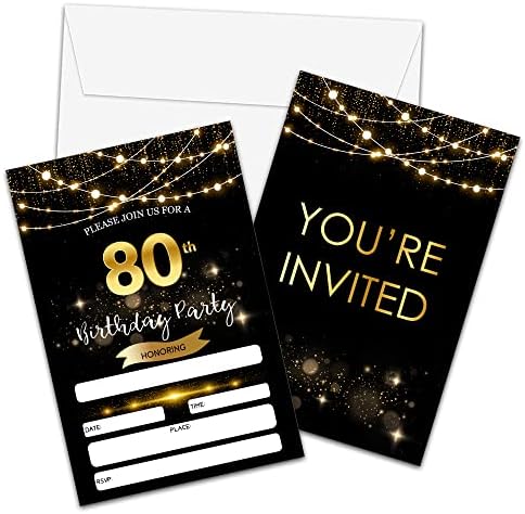 Покани за 80-ти Роденден Со Пликови-Пополнување На Блек Злато Покани Картички - Изненадување Роденден Покана Картичка За Него/Неа-Возрасни Роденден