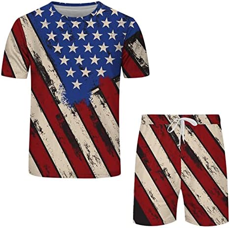 Облека за мажи, машко лето 2 парчиња облека Американско знаме 4 -ти јули кратки ракави маички и спортски шорцеви