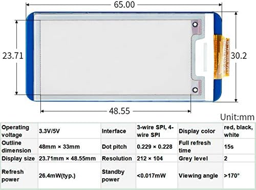 2.13 Inch E-Em Display Excare Hat за Raspberry Pi 4B/3B+/3B/2B/Zero/Zero W/WH и Jetson Nano, 212x104 пиксели бело црна црвена црвена боја