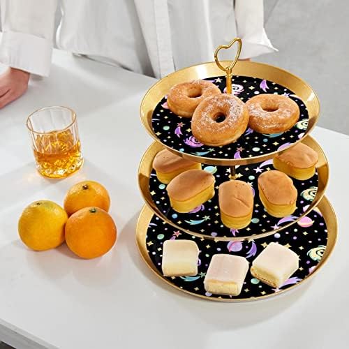 Dragonbtu 3 Tier Cupcake Stand со златен шипка пластична нивоа на десерт кула сад Едноставно црно овошје бонбони приказ за свадба роденден