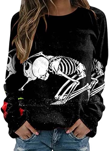 Beuu плус големина носии за Ноќта на вештерките за жени атлетски маици скелети печати смешни маички врвови со долги ракави графички кошули