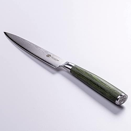 Hexclad 5 инчен комунален нож јапонски дамаск не'рѓосувачки челик целосен танг со прецизен врв на рачката на пакауд за да се исечете