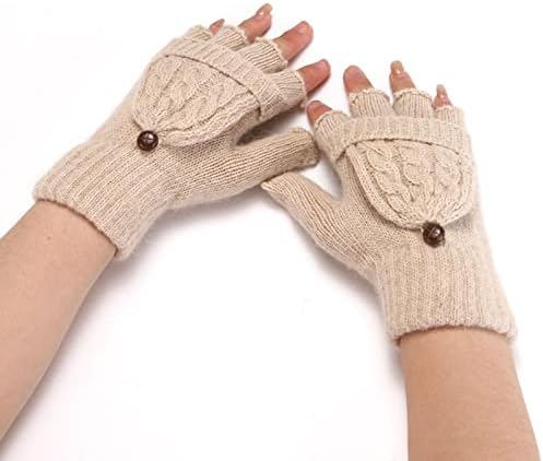 Qvkarw Зимска мода цврста боја плетена копче флип симпатична двојна употреба топла половина прсти нараквици скијачки ракавици белези