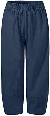 Badhub женски обични постелнини панталони удобни летни празнични панталони со џебови со џебови еластични половини за влечење широки панталони
