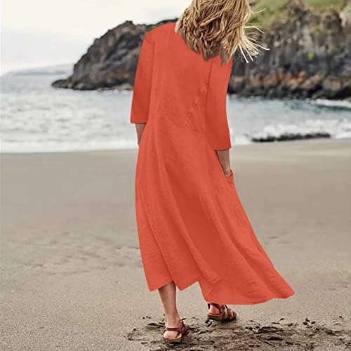 Женски обични фустани ракав памучен постелнина џеб фустан случајна боја квартални ракави фустани фустани на плажа фустани
