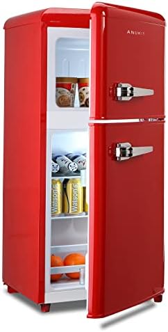 Компактен фрижидер Анукис 3,5 кубни метри 2 Врати мини фрижидер за стан/дом/канцеларија/семејство/подрум/гаража Ретро црвена