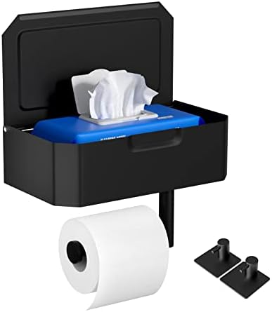 Мат црна држач за тоалетна хартија со полица и складирање, држач за леплива тоалетна хартија со диспензери за марамчиња за