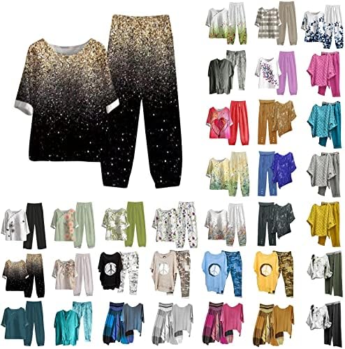 Панталони со панталони со панталони Kcjgikpok за женски женски обични цврсти отпечатоци од кошула со висока половината лабава џеб