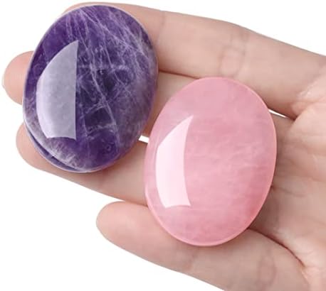 Duqguho 2 парчиња лековити кристални камења аметист розов кварц овален џеб џеб камења природни патеки полирани кристали камења загрижени