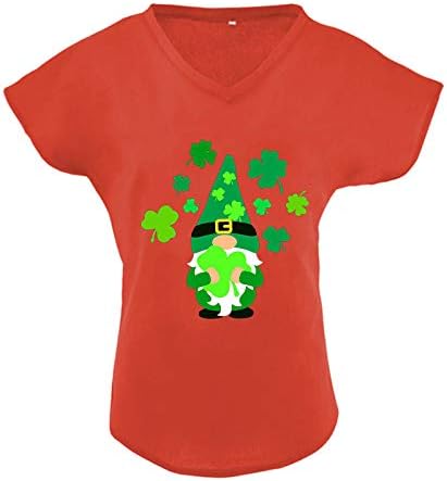 Смешни женски кошули против вратот Гном печати зелена кошула со краток ракав, жени Свети Патрик, среќен подарок маица