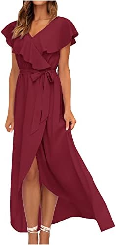 Лето летно обвивка Lmdudan Maxi фустан трендовски цврста боја v вратот краток ракав појаси долги фустани руфли полите А-линија фустани