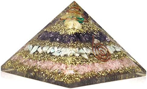 Рачно изработена геометриска пирамида на Оргонитихоп направена со аметист, амазонит, роза кварц, малахит камен