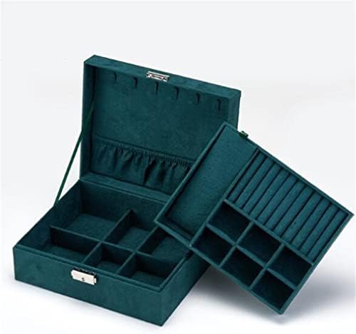 Кутија за накит со двојни слоеви од орев со двојно слој со зелена кадифена фаннела за фан, организатор за складирање на отпадоци за складирање