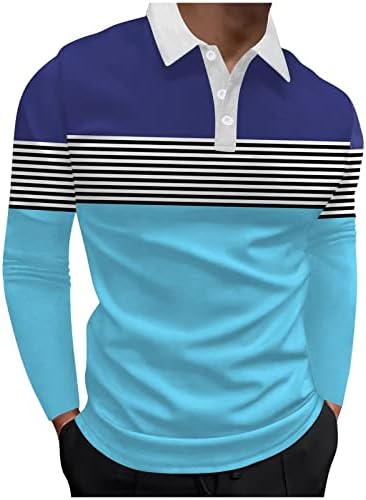 Поло кошули на Вокачи Машки, пролетен долг ракав шарена боја блок -крпеница копче вратот голф врвови мускули тенок фит кошула