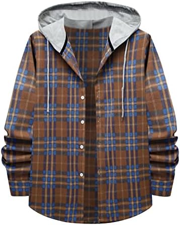 Firero Mens Claid кошули со качулки со палто копче надолу со качулка фланела кошула на отворено лесен ракав лесен ракав лесни јакни