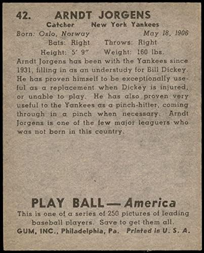 1939 Играјте топка 42 Arndt Jorgens New York Yankees Ex/Mt Yankees