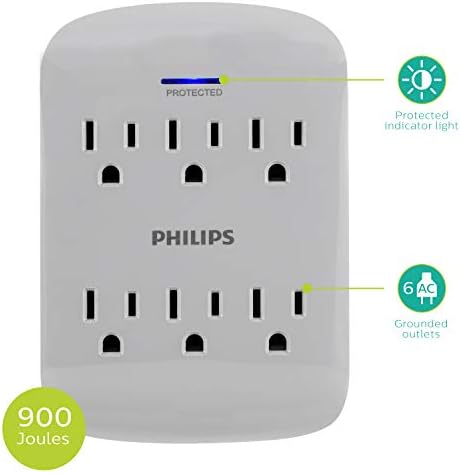 Philips 6-Outlet Extender Surder Protector, 900 ouулес, 3-покраен, дизајн за заштеда на простор, LED светло за заштита на индикаторот