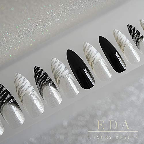ЕДА луксузна убавина бело црно животно печатење француски печат на ноктите сет - лепак на нокти, акрилни нокти и лажни нокти за жени -