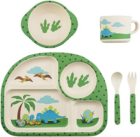 Funkins Bamboo Dish Set - Еко -пријателски бамбус јадења за деца и мали деца - вклучува поделена чинија, чинија, чаша, вилушка и лажица -
