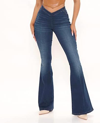Женски гроздобер фармерки со пламен со високи половини, разгорени тексас панталони Основни класични панталони жени модни фармерки