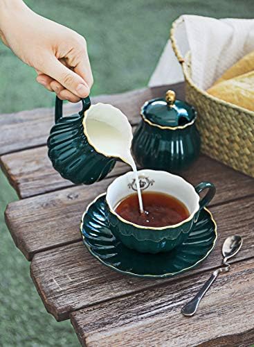 Неверојатни софтвер за порцелански чај - чаша чаша и чинија за чизми постави услуга за 6, со 28 унци чајник чаша чаша чинија крем