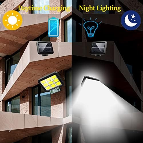 Сончеви светла сензор за движење на отворено, светло пајажина LED со далечински управувач, жична безбедносна светлина за поплавување со прилагодливи
