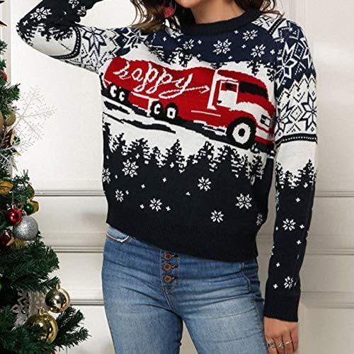 Womenенски снегулка графички џемпер Врвен Божиќен камион плетен пулвер среќен празник со долг ракав, обичен скокач врвови