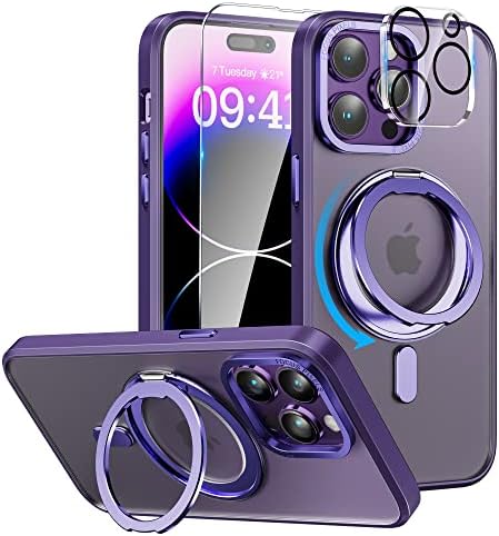 Цомсзе за Iphone 14 Pro Max Телефон Случај со 360 Ротација Магнетни Невидливи Штанд [Компатибилен Со MagSafe] Проѕирен мат iPhone 14