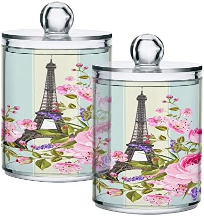 Алаза 4 пакет QTIP носител на држачи Париз Ајфел кула Флорални цвеќиња Организатор за бања Канистри за памучни топки/брисеви/влошки/конец,