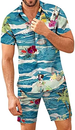 Менс гроздобер кошули и шорцеви Поставете 2 парчиња цветно копче за случајот надолу со кратки ракави Хавајски кошули костуми за џемпери