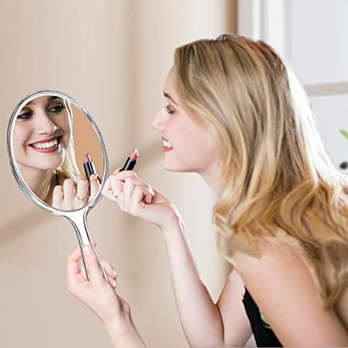 Амон Рачно Огледало Со Рачка Двострано Огледало ЗА Шминка 1x/ 2X Огледало За Зголемување Преносливо Јасно Заоблено Огледало За Патување Во Форма