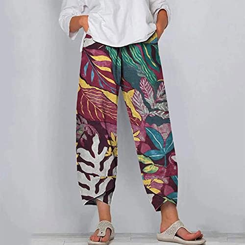 Xiloccer capri панталони за жени памучни постелнини отпечатоци панталони обични работни панталони со широко распространети нозе Каприс исечени харем панталони