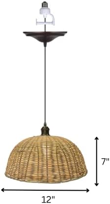 Ткаена купола бамбус инстант приврзок комплет за конверзија E26, беж природна сенка на корпата за ратан, лустер со четкана бронзена крошна за