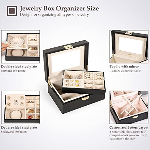 Кутија за организатор на накит Ландичи за жени тинејџерки, голем кутија за складирање на накит со огледало, 2 слој отстранлив