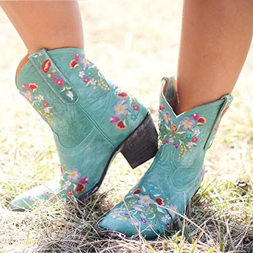 Чизми за платформа Uocufy за жени фустани везени чизми за каубојци ретро глуждот кратки чизми зашилени пети каубојски чизми западни чевли