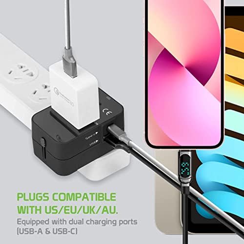 Travel USB Plus Меѓународен адаптер за напојување компатибилен со LG Stylus 2 Plus за светска моќност за 3 уреди USB TypeC,