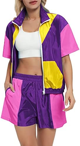 NHICDNS женски 2 парчиња облека од 80 -тите 90 -ти костуми Поставете џогирање на летни забави костум кратки ракави поштенски јакна на врвот
