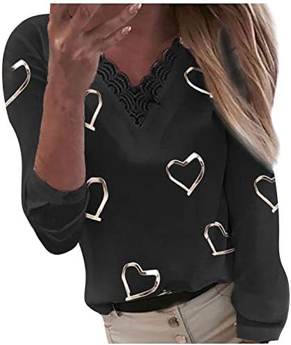 ylioge жени модни џемпери срцата печати v вратот чипка крпеница влечења со долги ракави цврсти маици во боја плус врвови со големина