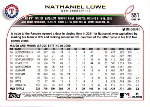 2022 Топпс #551 Натаниел Лоу Тексас Ренџерс Серија 2 МЛБ Бејзбол Трговска картичка