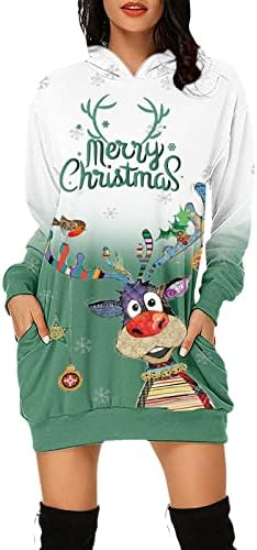 Нокмопо Божиќни Здолништа За Жени Женска Мода Божиќни Печатени Џебови Дуксери Со Долги Ракави Фустан Со Пуловер