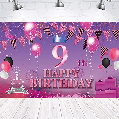 Среќен 9-Ти Роденден Позадина Банер Розова Виолетова 9-Ти Знак Постер 9 Роденденски Материјали За Годишнина Фото Кабина Фотографија Позадина